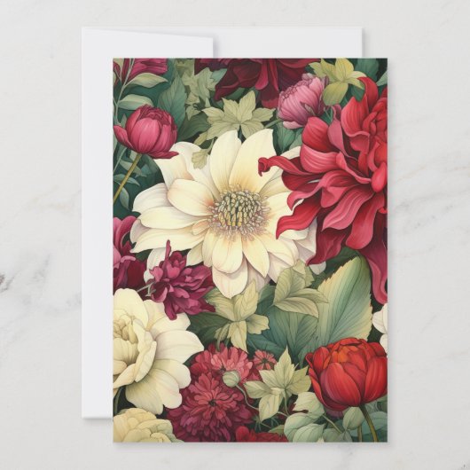 Diep rood, crème en bos groen bloemenbruiloft kaart (Achterkant)