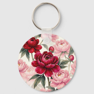 Diep rood en roze pioenroos bloemschildering in wa sleutelhanger