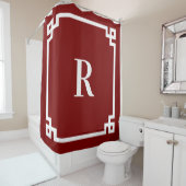Diep Rood en Wit Grieks Sleutel Eenvoudig Monogram Douchegordijn (In situ)