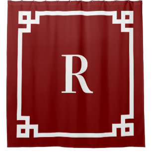 Diep rood en wit Grieks sleutel eenvoudig monogram Douchegordijn