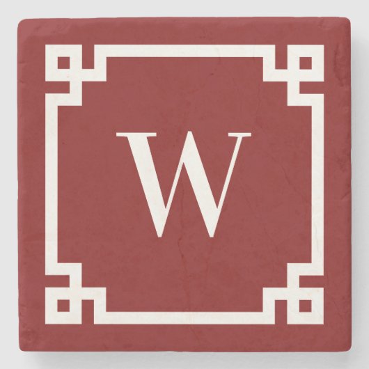 Diep rood en wit Griekse sleutelrandmonogram Stenen Onderzetter (Voorkant)