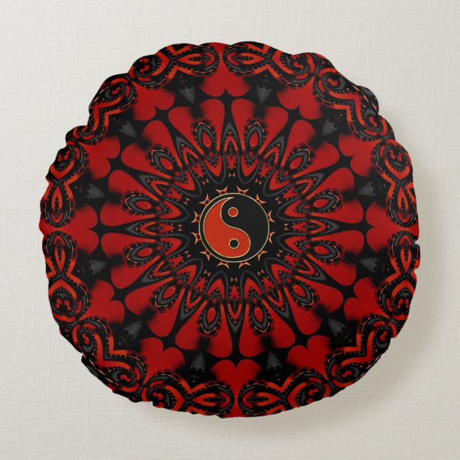 Diep rood evenwicht (Yin Yang) Rond kussen / kusse (Voorkant)