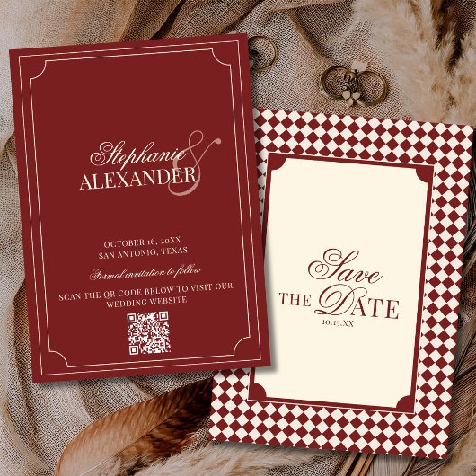 Diep Rood Geruit Old Money QR Code Trouwfeest Save The Date