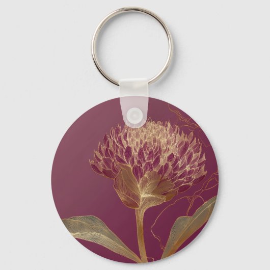 Diep Rood Goud Botanische Bloem Lijnwerk Sleutelhanger (Voorkant)