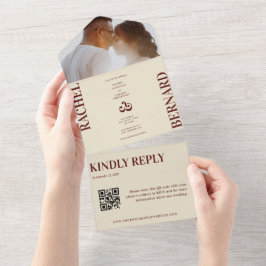 Diep rood & ivoor typografie QR-code trouwkaart All In One Uitnodiging