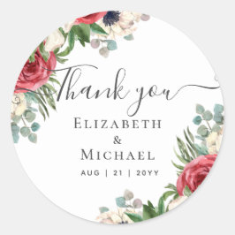 Diep rood marineblauw bloemmotief eucalyptus groen ronde sticker