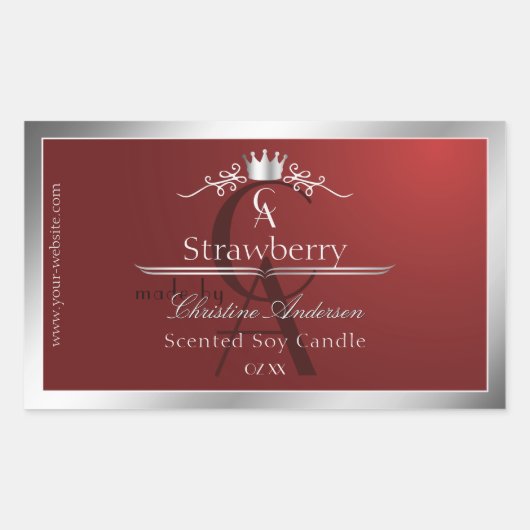 Diep rood productlabel met zilveren frame monogram rechthoekige sticker (Voorkant)