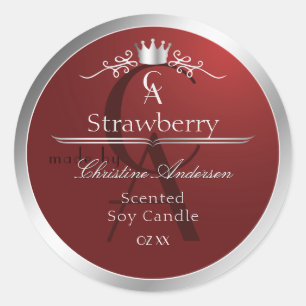 Diep rood productlabel met zilveren frame monogram ronde sticker