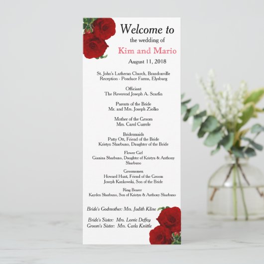 Diep rood rozen bloemig huwelijksprogramma programmakaart (Staand voorkant)
