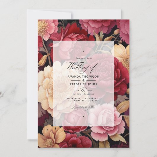 Diep rood, stoffig roze en antiek gouden bruiloft kaart (Voorkant)