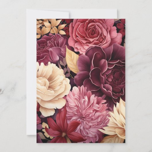 Diep rood, stoffig roze en antiek gouden bruiloft kaart (Achterkant)