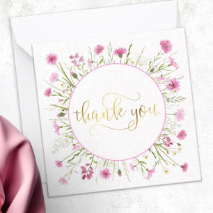 Diep roze bloem en goud Dank je wel Kaart. Notitiekaartje