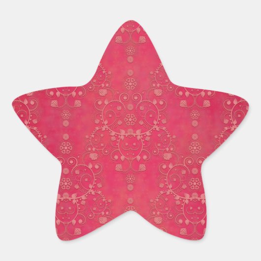 Diep Roze Bloemendamaskpatroon Ster Sticker (Voorkant)