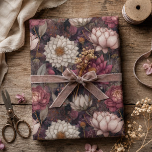 Diep Roze & Crème Dahlia Botanische Vintage Bloeme Cadeaupapier