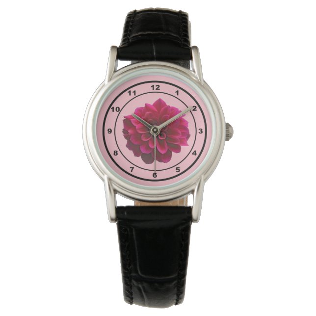 Diep Roze Dahlia Bloem op Horloge (Voorkant)
