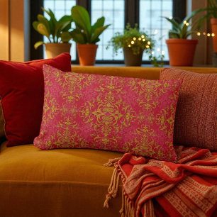Diep Roze en Gouden Fancy Damast Stijl Patroon Kussen
