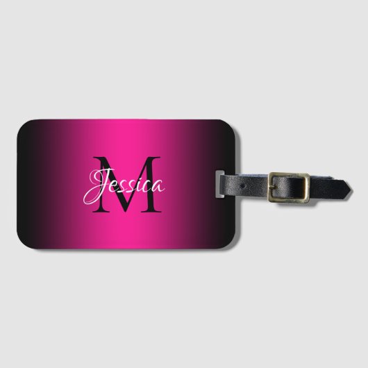 Diep Roze en Zwarte Ombre Elegante Monogram Bagagelabel (Voorkant (horizontaal))