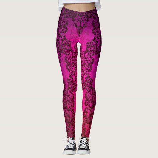 Diep Roze Fantasie Damast Boho Stijl Leggings (Voorkant)