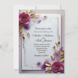 Diep roze rozen gouden blad gouden lijst bruiloft kaart