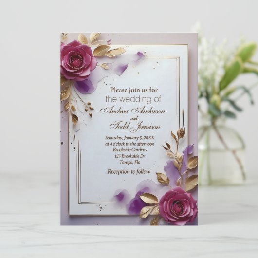 Diep roze rozen gouden blad gouden lijst bruiloft kaart (Staand voorkant)
