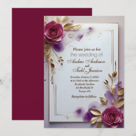 Diep roze rozen gouden blad gouden lijst bruiloft kaart