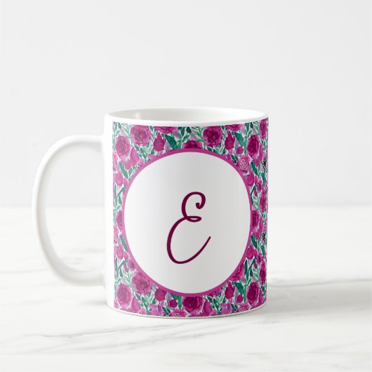 Diep roze rozen patroon monogram koffiemok (Links)