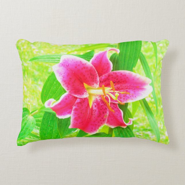  Diep Roze Stargazer Lily op Lime Green Accent Kussen (Voorkant)