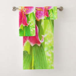  Diep Roze Stargazer Lily op Lime Green Bad Handdoek