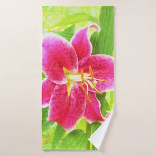 Diep Roze Stargazer Lily op Lime Green Badhanddoek (Badhanddoek)