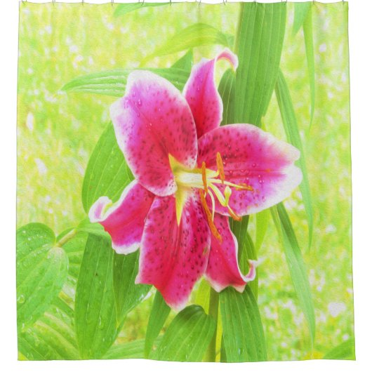  Diep Roze Stargazer Lily op Lime Green Douchegordijn (Voorkant)
