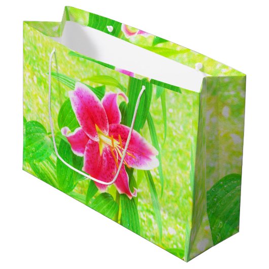  Diep Roze Stargazer Lily op Lime Green Groot Cadeauzakje (Voorkant Gekanteld)