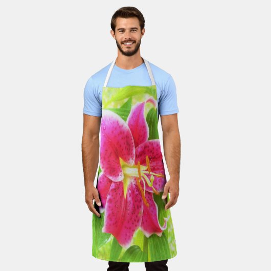 Diep Roze Stargazer Lily op Lime Green Schort (Gedragen)