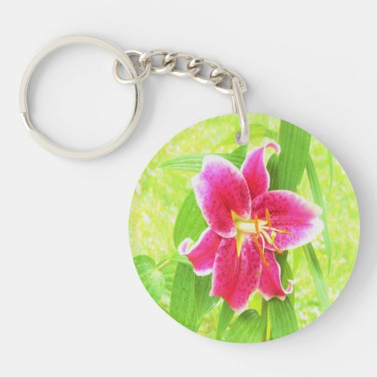  Diep Roze Stargazer Lily op Lime Green Sleutelhanger (Voorkant)
