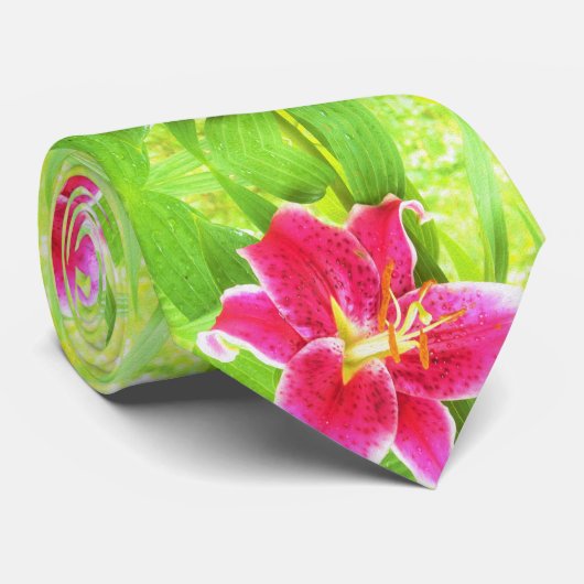 Diep Roze Stargazer Lily op Lime Green Stropdas (Opgerold)