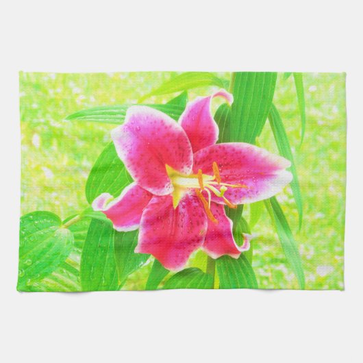  Diep Roze Stargazer Lily op Lime Green Theedoek (Horizontaal)