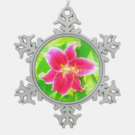  Diep Roze Stargazer Lily op Lime Green Tin Sneeuwvlok Ornament