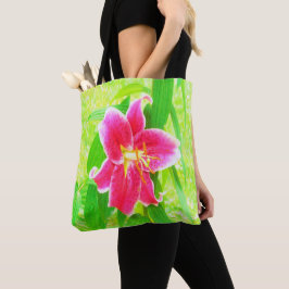  Diep Roze Stargazer Lily op Lime Green Tote Bag