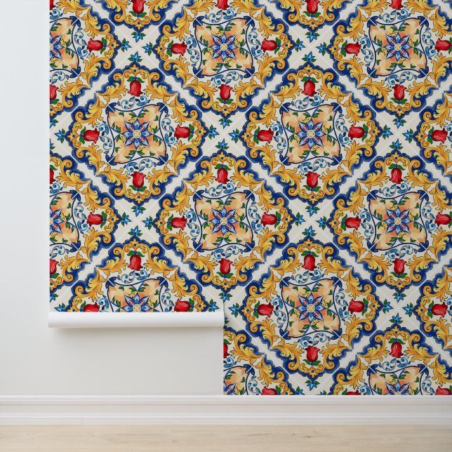 Diep saffraanrood bloemmotief Siciliaanse majolica Behang (Applicatie)