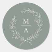 Diep Sage Simple Elegant Laurel WreatMonogram Cl Ronde Sticker (Voorkant)