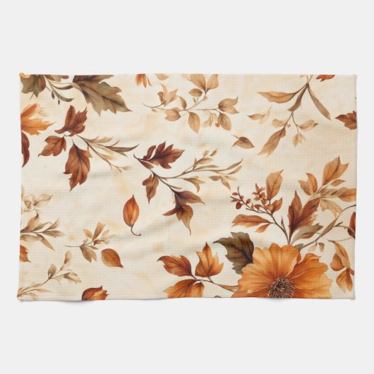 Diep Sinaasappel Amber Bloemen Herfstpatroon Theedoek (Horizontaal)