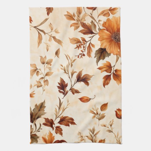 Diep Sinaasappel Amber  Bloemen Herfstpatroon Theedoek (Verticaal)