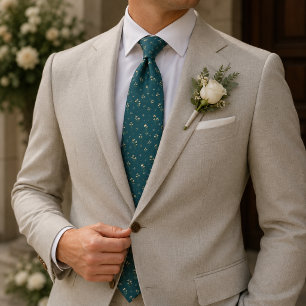 Diep Teal Champagne Botanische Foulard Patroon Stropdas