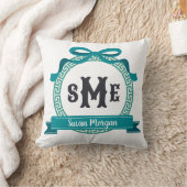 Diep Teal Griekse Sleutel Strik Monogram Kussen (Deken)