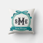 Diep Teal Griekse Sleutel Strik Monogram Kussen (Achterkant)