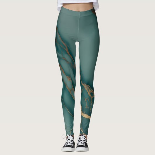 Diep Teal Marmer + Gouden Aders Luxe Pasvorm Handg Leggings (Voorkant)