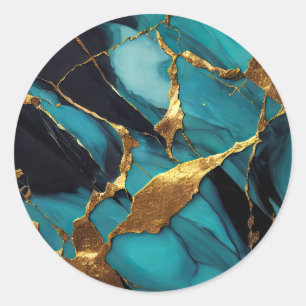 Diep Teal Marmer met Krachtige Gouden Aders Ronde Sticker