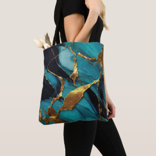 Diep Teal Marmer met Krachtige Gouden Aders Tote Bag