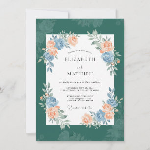 Diep Teal Romantische Botanische Bruiloft Kaart