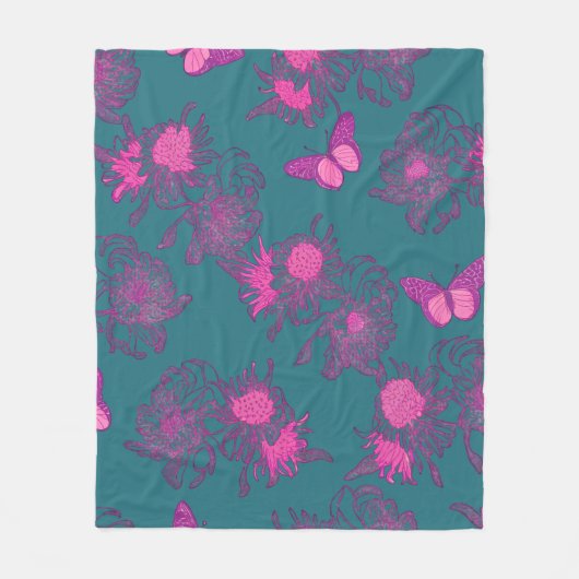 Diep Teal Roze Vlinder Bloem Fleece Deken (Voorkant)