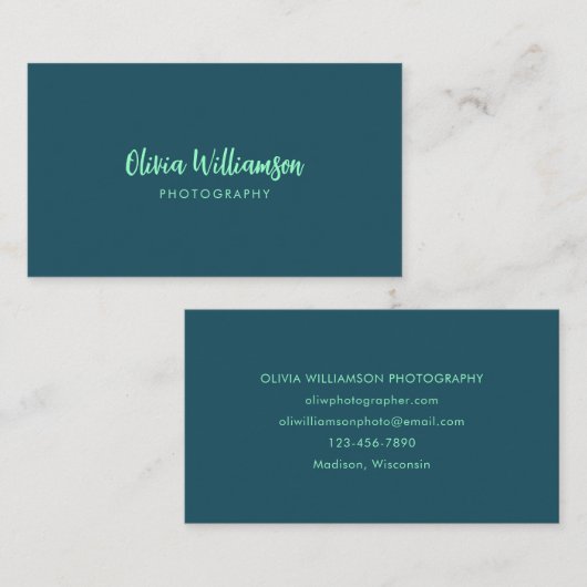 Diep Turkoois Mint Script Naam Minimalistische Cre Visitekaartje (Voorkant / Achterkant)